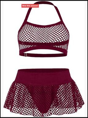 Fishnet Lingerie Teddy Babydoll Set with Halter Bra and Thong